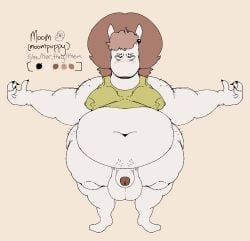 ambiguous_gender anthro body_hair brown_hair clothing genitals green_clothing green_topwear hair model_sheet moom_(moomular) moomin moomular obese overweight penis solo the_moomins topwear white_body wide_hips