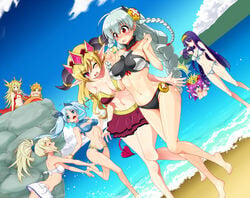 /\/\/\ 6+girls ahoge animal_ears barefoot beach bikini bikini_top blonde_hair blue_eyes blue_hair braid breasts cleavage dutch_angle echidna_(p&d) front-tie_top hair_ribbon hairband headdress idunn_(puzzle_and_dragons) idunn_and_idunna_(puzzle_and_dragons) idunna_(puzzle_and_dragons) isis_(p&d) lamia lilith_(p&d) long_hair mermaid monster_girl multiple_girls navel ocean open_mouth outdoors payot pink_eyes pointy_ears ponytail purple_hair puzzle_&_dragons red_eyes ribbon side-tie_bikini silver_hair siren_(p&d) smile succubus tied_hair twin_braids twintails uran_(uran-factory) valkyrie_(p&d) wink