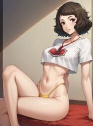 1girls ai_generated atlus bed bikini brown_hair brown_hair_female curly_hair curly_hair_female female female_focus female_only light-skinned_female light_skin looking_at_viewer megami_tensei persona persona_5 robinlover sadayo_kawakami sega short_hair short_hair_female sitting solo solo_female solo_focus tagme