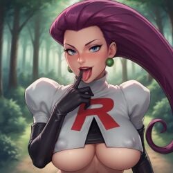 ai_generated artist_request blue_eyes huge_breasts jessie_(pokemon) lipstick oral_invitation pink_hair pokemon seductive_mouth team_rocket