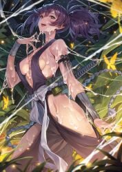 ahoge bandaged_wrist bandages bare_shoulders breasts bug butterfly cleavage commentary_request female forest hagure_keg hair_between_eyes high_ponytail highres hip_vent insects japanese_clothes jigokuraku kunai large_breasts leaf light looking_at_viewer nature ninja open_mouth outdoors ponytail purple_eyes purple_hair sash sidelocks smile solo standing suggestive_fluid tabi thighs tongue tongue_out weapon yellow_butterfly yuzuriha_(jigokuraku)