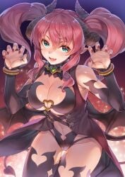 :d bare_shoulders black_jacket black_leotard black_thighhighs black_wings blue_eyes breasts bridal_gauntlets claw_pose cleavage commentary_request demon_girl demon_horns demon_tail demon_wings female groin hagure_keg hair_between_eyes hands_up highres horns jacket large_breasts leotard looking_at_viewer nail_polish navel oerba_yun_fang open_mouth original pink_hair red_nails sleeveless sleeveless_jacket slit_pupils smile solo tail thigh_gap thighhighs twintails wings