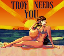 apple attractive attractive_female bikini black_hair breasts greek_mythology helen_of_troy long_hair minoan minoan_makeup persephoneist propaganda salute sea smile smiling sun sunset the_epic_cycle trojan_war