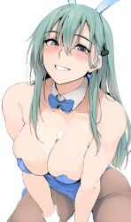 1girls animal_ears aqua_eyes aqua_hair bare_shoulders blue_leotard blush breasts brown_pantyhose cleavage covered_navel detached_collar earrings fake_animal_ears female hair_between_eyes hair_ornament hairclip heart heart_earrings highres jewelry kantai_collection large_breasts leotard long_hair looking_at_viewer pantyhose playboy_bunny rabbit_ears smile solo strapless strapless_leotard suzuya_(kantai_collection) white_wrist_cuffs wrist_cuffs zekkyon