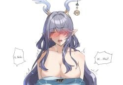 animal_ears big_breasts blue_eyes busty busty_female character_mentioned clothes_down eyes_closed female/female first_part genshin_impact hair_over_one_eye implied_cunnilingus lauma_(genshin_impact) lesbian lesbian_sex long_ears long_hair mentioned_character nefer_(genshin_impact) offscreen_character oral oral_sex yuri