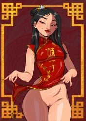1girls black_hair breasts brown_eyes chinese_dress dress dress_lift exposed_pussy fa_mulan female female_only hair hair_bun hair_ornament hips lips looking_at_viewer mulan nail_polish nails nipple_bulge parted_lips pelvic_curtain presenting presenting_pussy pussy red_dress red_nail_polish red_nails short_dress short_hair skimpy skimpy_dress small_breasts solo solo_female thick_thighs thighs tight_dress vagina zoobastik