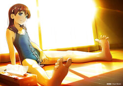 bare_shoulders barefoot blue_eyes brown_hair cum cum_on_body cum_on_clothes cum_on_hair cum_on_lower_body feet female flat_chest hiyori_mizuki long_hair one-piece_swimsuit original school_swimsuit sitting soles solo swimsuit swimsuit_aside toes