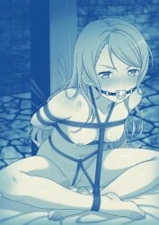 1girl absurdres arms_behind_back ball_gag bang_dream! barefoot bdsm bondage bound breasts brick_wall collarbone completely_nude crotch_rope drooling gag gagged highres hikawa_sayo knees looking_at_viewer monochrome navel nipples nude pillar restrained saliva shibari sitting solo stomach stone_floor struggling swept_bangs teba_motoko thighs toes uncomfortable wiffle_gag