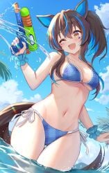 1girls artist_request bikini blue_hair blue_streak blue_streaks breasts brown_hair daitaku_helios_(umamusume) female horse_ears horse_girl horse_tail medium_breasts navel ocean side_ponytail solo swimsuit umamusume umamusume_pretty_derby water water_gun
