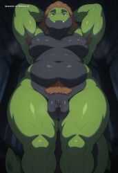 1boy ai_assisted ai_generated alligator anime_coloring anthro broad_shoulders brown_pubes brown_pubic_hair chubby detailed detailed_eyes detailed_face detailed_vagina dynamic_angle dynamic_pose excessive_pubic_hair facing_viewer firm_breasts green_skin hairy_armpits half_lidded_eyes inverted_nipples legs_spread male mature_male mons_pubis nude perky_breasts pubic_hair smaller_breasts solo solo_female standing thigh_gap wide_hips