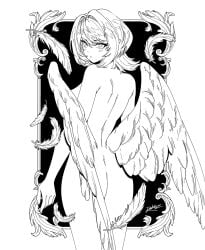 1girls angel angel_wings artist_request ass back black_and_white butt female hoyoverse looking_back monochrome nude remielle_dan short_hair solo thighs wings zenless_zone_zero