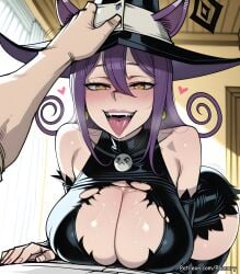 1boy 1girl ai_generated animal_ears bare_shoulders bent_over big_ass black_dress blair_(soul_eater) blush breasts bubble_butt cat_ears catnip cleavage comic comic_page corrupted corruption curvy detached_sleeves dress earrings english_text fangs hair_between_eyes hand_on_another's_head hat headpat heart heart-shaped_pupils highres huge_breasts indoors jewelry large_breasts long_hair looking_at_viewer mind_break mindbreak multiple_panels open_mouth patreon phanary pov purple_hair saliva smile solo_focus soul_eater speech_bubble symbol-shaped_pupils thick thighhighs tongue tongue_out torn_clothes torn_dress witch witch_hat yellow_eyes
