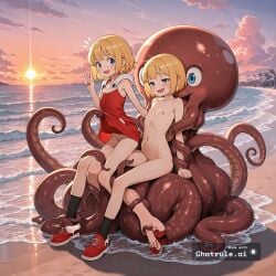 1440p 1girl 8k ai_assisted ai_generated beach bedroom black_socks blonde_hair blue_eyes blush cinematic flat_chest freckles full_body half_closed_eyes mega_man navel nipples nude open_mouth profile red_dress red_footwear roll sitting skinny slim_body small smile struggling sunset tentacles tight_pussy uhd v white_dress worried young youthful