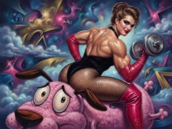 1boy 1boy1girl 1dog 1girls 1human abstract_background actress ai ai_generated ai_slop ass back black_eyeliner black_eyeshadow brooke_shields brown_hair brunette celebrity courage_the_cowardly_dog courage_the_cowardly_dog_(character) dog dominant_female dumbbell enercell exercise eyeliner eyeshadow female/male female_on_male female_on_top fishnet_pantyhose fishnets glitter grey_eyes happy human larger_male leather leather_boots leather_gloves light-skinned_female lipstick long_hair looking_at_viewer male_on_bottom muscular muscular_female on_stomach opera_gloves pink_fur real_person reclining red_leather red_lipstick sitting sitting_on_person smaller_female smile submissive_male surreal sweat swimsuit thigh_high_boots thigh_highs thighhighs updo vascular wavy_hair white_female workout worried