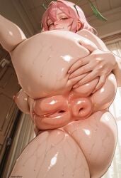 1girls ai_generated anus ass ass_focus breasts darkeffect donut_anus female female_focus looking_at_viewer looking_back one_leg_up pink_hair presenting presenting_ass presenting_hindquarters puffy_anus pussy rear_view showing_ass spread_ass spreading