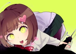 anonymous_male brown_hair cum_shot cum_squirt drool drooling ejaculation fanganronpa female female_focus green_eyes hand_on_penis handjob hearts hearts_around_body hearts_around_head labcoat shooting_cum