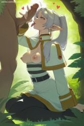 1boy 1girl ai_generated breasts breasts_outside cum earrings erection fellatio forest frieren grass green_eyes handjob heart hetero hi_res high_quality high_resolution jewelry medium_breasts nature nipples oral patreon penis pointy_ears ponytail seductive sexy silver_hair solo_focus sousou_no_frieren tongue tree twintails uncensored watermark