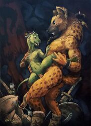 anthro breasts digitigrade dungeons_and_dragons duo female gnoll hyena interspecies kobold leg_grab lizard male nude penetration penis pussy reptile scale_(artist) scalie sex size_difference standing straight vaginal_penetration