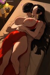 1boy 1girl ? ai_generated bare_shoulders black_hair boa_hancock breasts breasts_outside dress earrings heart hi_res high_quality high_resolution jewelry large_breasts long_hair nipples one_piece patreon red_dress seductive sexy smile uncensored very_long_hair watermark