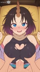 ai_assisted ai_generated big_breasts black_hair blue_eyes blush boobjob breast_grab breast_squeeze breasts curvy curvy_body curvy_female dragon_girl dragon_maid dragon_tail elma_(dragon_maid) grabbing grabbing_breasts horn huge_breasts kobayashi-san_chi_no_maidragon large_breasts long_tail looking_at_viewer lying lying_on_back male_pov moonwool_branch nipple_bulge nipples nipples_visible_through_clothing on_back open_mouth paizuri paizuri_over_clothes pov purple_hair short_hair single_horn slit_pupils smile smiling tail thick_ass thick_thighs thighs titjob torn_clothes torn_clothing uncensored