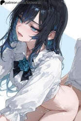 1boy1girl 1girls ado ado_(music-artist) ai_generated bent_over blue_eyes bottomless chando_(ado) colored_inner_hair cum cum_inside dark_hair doggy_style female female_focus krowenx male/female male_penetrating male_penetrating_female multicolored_hair no_panties open_mouth sex sex_from_behind