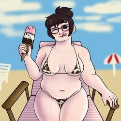 beach cow_bikini fat_female ice_cream mei_(overwatch) overwatch stretch_marks