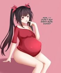 1girls amniotic_fluid big_belly bloated_belly blush bottomless brown_hair clothing female female_only fetal_movement flustered honkai:_star_rail honkai_(series) hoyoverse long_hair mihoyo pregnant red_eyes small_breasts sparkle_(honkai:_star_rail) twintails water_break