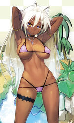 antenna_hair armpits arms_up bare_shoulders bikini blush breasts cameltoe cleavage covered_nipples dark-skinned_female dark_elf dark_skin elf female highres jewelry large_breasts long_hair looking_at_viewer namaniku_atk necklace pointy_ears sansei_muramasa solo soukou_akki_muramasa swimsuit white_hair yellow_eyes