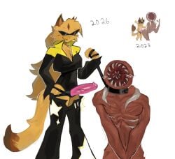 1boy 1girl anthro blush_lines cat collar dominant_female doors_(roblox) felid felid_humanoid feline feline_humanoid female female/male femdom figure_(doors) furry furry_with_non-furry leash leash_pull leashed_male lornan1hater male malesub monster monster_boy oc original_character redraw roblox shades smirk smirking_at_partner strap-on strapon submissive_male sunglasses tan_fur
