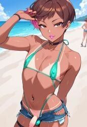 2025 ai_generated arm_up armpit balls beach belly bikini bikini_tan brown_hair choker crossdressing denim denim_shorts femboy feminine_male girly hourglass_figure hourglass_figured_femboy lipstick looking_at_viewer micro_bikini minishorts navel navel_piercing nipple_bulge nipples outdoors outside pectorals penis penis_out penis_outside pierced_navel piercing short_shorts shorts string_bikini testicles thighs trap userfort wide_hips