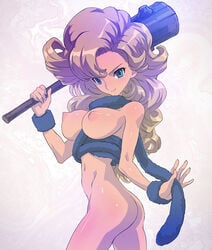 1girls ass ayla_(chrono_trigger) big_breasts bitchen blonde_hair blue_eyes bottomless breasts chrono_(series) chrono_trigger club_(weapon) female female_only hair half-dressed human looking_at_viewer navel nipples plain_background prehistoric simple_background solo solo_female weapon white_background