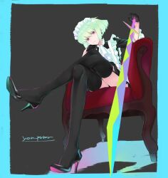 1boy 1femboy androgynous black_legwear blonde_hair bob_cut crossdressing crossed_legs crossed_legs_(sitting) dominatrix down_angle dress femboy femboy_only femboydom feminine_faced_male feminine_male heels lio_fotia looking_at_viewer maid maid_apron maid_headdress maid_outfit maid_uniform petite petite_body petite_male promare questionable short_hair short_male short_skirt skirt slim slim_male slim_waist solo stockings suggestive thighhighs thin_waist twink