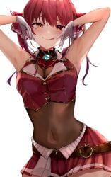 1girls armpit blush curvy female hololive hololive_japan houshou_marine navel_visible_through_clothes red_hair see-through_clothing skirt solo tongue_out virtual_youtuber vtuber