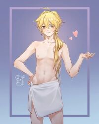 aether_(genshin_impact) after_bathing blonde_hair dripping genshin_impact male male_only naked_towel towel vongola_x wet wet_hair