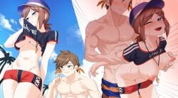 1boy 1girl :o absurdres baseball_cap beach bikini bikini_shorts blue_eyes blue_sky blush braid breasts brown_hair clothed_sex clothes_lift clothes_pull commission earrings faceless faceless_male feather_earrings feathers grabbing_another's_arm grabbing_another's_breast grabbing_from_behind green_eyes groping hat heart hetero highres instant_loss jewelry kukiyuusha male_swimwear medium_breasts multicolored_male_swimwear navel nipples official_alternate_costume open_mouth orange_feathers orange_male_swimwear outdoors palm_tree purple_hat pussy_juice red_hair rose_(beach_girl)_(tales) rose_(tales) sex sex_from_behind shirt shirt_lift shirt_rolled_up short_hair short_shorts shorts shorts_pull sky smile sorey_(sea_venturer)_(tales) sorey_(tales) striped_clothes striped_hat striped_shirt sweat swim_trunks swimsuit t-shirt tales_of_(series) tales_of_asteria tales_of_the_rays tales_of_zestiria tree two-tone_hat two-tone_male_swimwear underboob vaginal vertical-striped_clothes vertical-striped_shirt whistle whistle_around_neck yellow_feathers