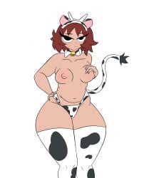 belly big_breasts blush collar cow_bikini cow_ears cow_horns cow_print_bikini cow_tail curvy curvy_female fanart female female_only hand_on_breast hand_on_hip kim_pine looking_at_viewer scott_pilgrim solo_female thicc thick_legs thick_thighs thighhighs wide_hips