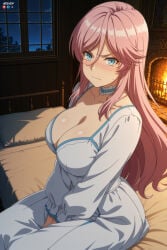 1boy 1girl absurdres adult ai_assisted ai_generated bangs bed big_breasts blue_eyes blush breasts choker cleavage closed_mouth collarbone dress female flare_arlgrande_jioral frills hair_between_eyes hand_between_legs heeven highres indoors kaifuku_jutsushi_no_yarinaoshi large_breasts long_hair long_sleeves looking_at_viewer male mature night nightgown on_bed patreon patreon_username perfect_body pink_hair sensitive sitting sky solo uncensored white_dress window