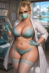 1girls ai_generated bangs belly_button blonde_hair blue_eyes bra chatgpt chubby cleavage doctor eyebrows_visible_through_hair eyelashes eyeshadow face_mask female female_only garter_straps glasses hair_bun hair_strand hand_on_hip holding_notepad hourglass_figure indoors infirmary labcoat lace-trimmed_bra lace_trim large_breasts light-skinned_female lingerie looking_at_viewer mature_female midriff milf mommy necklace notepad one_hand_on_hip open_coat outdoor_background palm_leaf palm_tree panties pelvic_line pen_in_pocket photorealistic potted_plant realistic rgomez007 seductive seductive_look self_upload skindentation solo_female standing stockings_thigh_highs surgical_gloves surgical_mask swimming_pool thick_eyelashes thick_thighs thigh_strap updo wide_hips