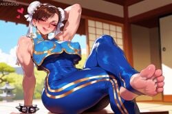 1girl ai_generated arm_up armpits arzagod big_breasts blush brown_eyes brown_hair capcom chun-li fit_female foot_fetish hair_bun hair_ribbon large_breasts muscular_female perfect_legs street_fighter tagme thick_thighs