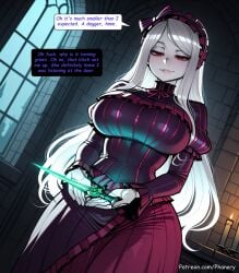 1girl ai_generated big_ass blush breasts bubble_butt candle candlelight comic comic_page curvy dagger dress dutch_angle english_text frilled_dress frills gothic_lolita hairband highres holding huge_breasts indoors juliet_sleeves knife large_breasts lolita_fashion lolita_hairband long_hair long_sleeves looking_at_viewer multiple_panels overlord_(maruyama) pale_skin phanary puffy_sleeves purple_dress red_eyes shalltear_bloodfallen smile solo speech_bubble thick vampire weapon white_hair window