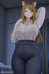 1girl ai_generated animal_ear_fluff animal_ears arm_up blonde_hair bra_visible_through_clothes breasts brown_eyes brown_hair collared_shirt curtains denim fox_ears indoors jeans kansai_neko_(yani_neko) large_breasts long_hair long_sleeves looking_at_viewer night night_sky pants shirt shirt_tucked_in smile solo thighs twitter_username white_shirt window yani_neko