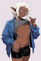 1boy 1femboy 2026 ai_generated belly bike_shorts black_bike_shorts bulge civitai crossdressing dark-skinned_femboy dark_elf dark_elf_femboy dark_skin dungeon_meshi elf elf_ears elf_femboy femboy feminine_male girly looking_at_viewer navel nipples open_mouth pectorals pointy_ears purple_eyes shirt shirt_lift shirt_up simple_background solo standing thistle_(dungeon_meshi) trap white_hair