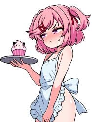 1girl :t annoyed apron apron_tug ass averting_eyes bare_shoulders blush bob_cut bottomless closed_mouth collarbone cowboy_shot cupcake doki_doki_literature_club embarrassed empty_eyes flat_chest food frilled_apron frills frown hair_intakes hair_ornament hair_ribbon holding holding_tray ink_(inksgirls) jaggy_lines naked_apron narrowed_eyes natsuki_(doki_doki_literature_club) nervous_sweating nose_blush pink_eyes pink_hair pout red_ribbon ribbon serving shiny_skin short_hair simple_background solo sweat sweatdrop swept_bangs tray tsundere two_side_up v-shaped_eyebrows white_apron white_background x_hair_ornament