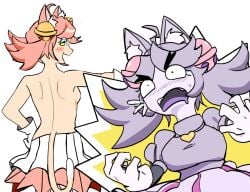 2girls artist_request back bare_back cat_ears cat_tail catgirls deltarune ghost looking_back mad_mew_mew mew_mew_(undertale) pink_(deltarune) purple_hair purple_skin sideboob topless white_background