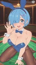 ai_assisted ai_generated big_breasts blowjob_gesture blue_eyes blue_hair blush breasts bunny_ears bunny_girl bunnysuit curvy curvy_body curvy_female fellatio_gesture female female_focus female_only hair_over_one_eye kneeling large_breasts leotard looking_at_viewer moonwool_branch one_eye_covered one_eye_obstructed open_mouth pantyhose re:zero_kara_hajimeru_isekai_seikatsu rem_(re:zero) seductive seductive_eyes seductive_look seductive_mouth seductive_pose seductive_smile short_hair smile smiling solo solo_female solo_focus thick_ass thick_thighs thighs tongue tongue_out uncensored