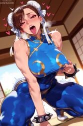 1girl ai_generated arzagod big_breasts blush brown_eyes brown_hair capcom chun-li fit_female hair_bun hair_ribbon large_breasts muscular_female nipple_play perfect_legs street_fighter tagme thick_thighs tongue_out