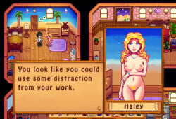 1boy 1girl 2girls bed bedroom blonde_hair blonde_pubic_hair blue_eyes bracelet breasts cabinet carpet completely_nude door english_text fake_screenshot female_pubic_hair gameplay_mechanics haley_(stardew_valley) indoors jewelry lamp long_hair looking_at_viewer medium_breasts navel necklace nipples nude palm_tree plant potted_plant pubic_hair pussy rug smile standing stardew_valley tagme_(artist) window wooden_floor