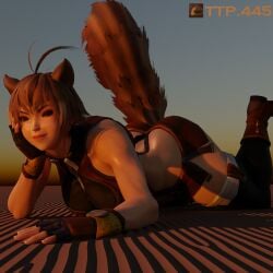 1girls 3d athletic athletic_female blazblue blender blender_(artwork) blender_cycles blue_background body_sweat brown_eyes brown_hair brunette brunette_hair closed_mouth hand_on_head happy large_breasts looking_at_viewer looking_down makoto_nanaya muscles prone prone_position relaxed shadow shadows skimpy skimpy_clothes smirk squirrel_tail sunlight sunset sweat sweaty tail thick_thighs thighs toned toned_female underboob watermark