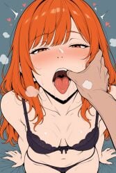 1girl 1girls adult adult_female ai_generated aroused aroused_face bangs black_bra black_panties black_underwear blush blush_lines blushing blushing_at_viewer bra breasts breath breath_cloud clavicle drool drooling edited_ai eye_contact eyebrows eyebrows_visible_through_hair female female_focus finger_in_another's_mouth finger_in_mouth foreplay half_closed_eyes hearts hearts_around_head heavy_breathing long_hair long_hair_female looking_at_viewer looking_up male_pov matching_underwear mouth_open navel orange_eyes orange_hair orange_hair_female original panties pastalord red_hair red_hair_female redhead redhead_female saliva shiny_skin sitting small_breasts stable_diffusion submissive submissive_female sweat teeth thighs tongue tongue_out trembling underwear underwear_only