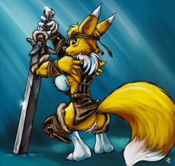 anthro anus armor canine clothed clothing crouching digimon female fox fur furry looking_at_viewer mammal pussy renamon s-nina skimpy solo sword weapon